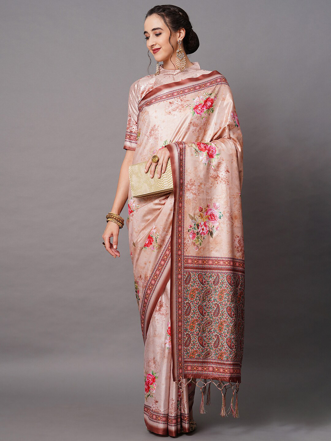 

Mitera Peach-Coloured & Brown Silk Blend Floral Printed Saree