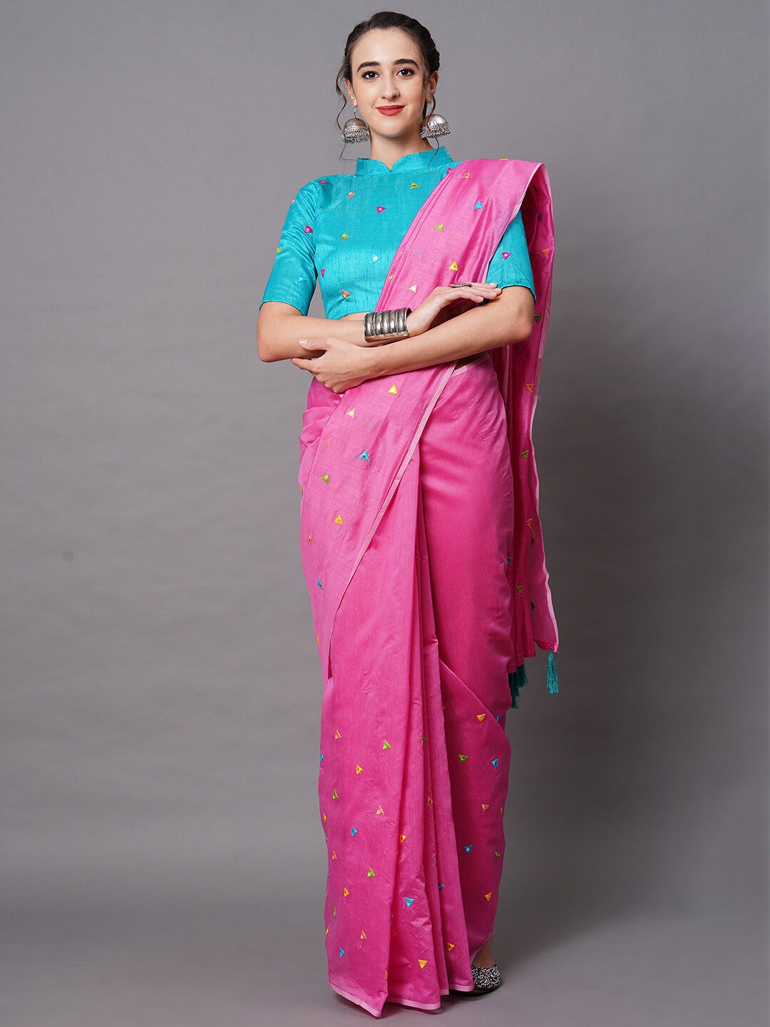 

Mitera Women Pink & Blue Mirror Work Embellished Saree