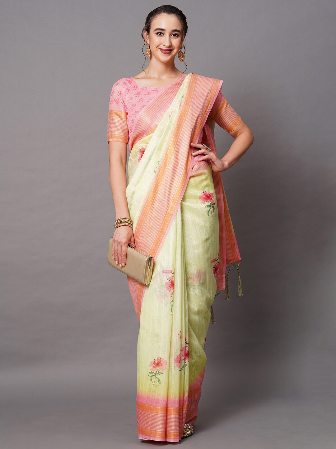 

Mitera Green & Pink Linen Blend Floral Printed Saree