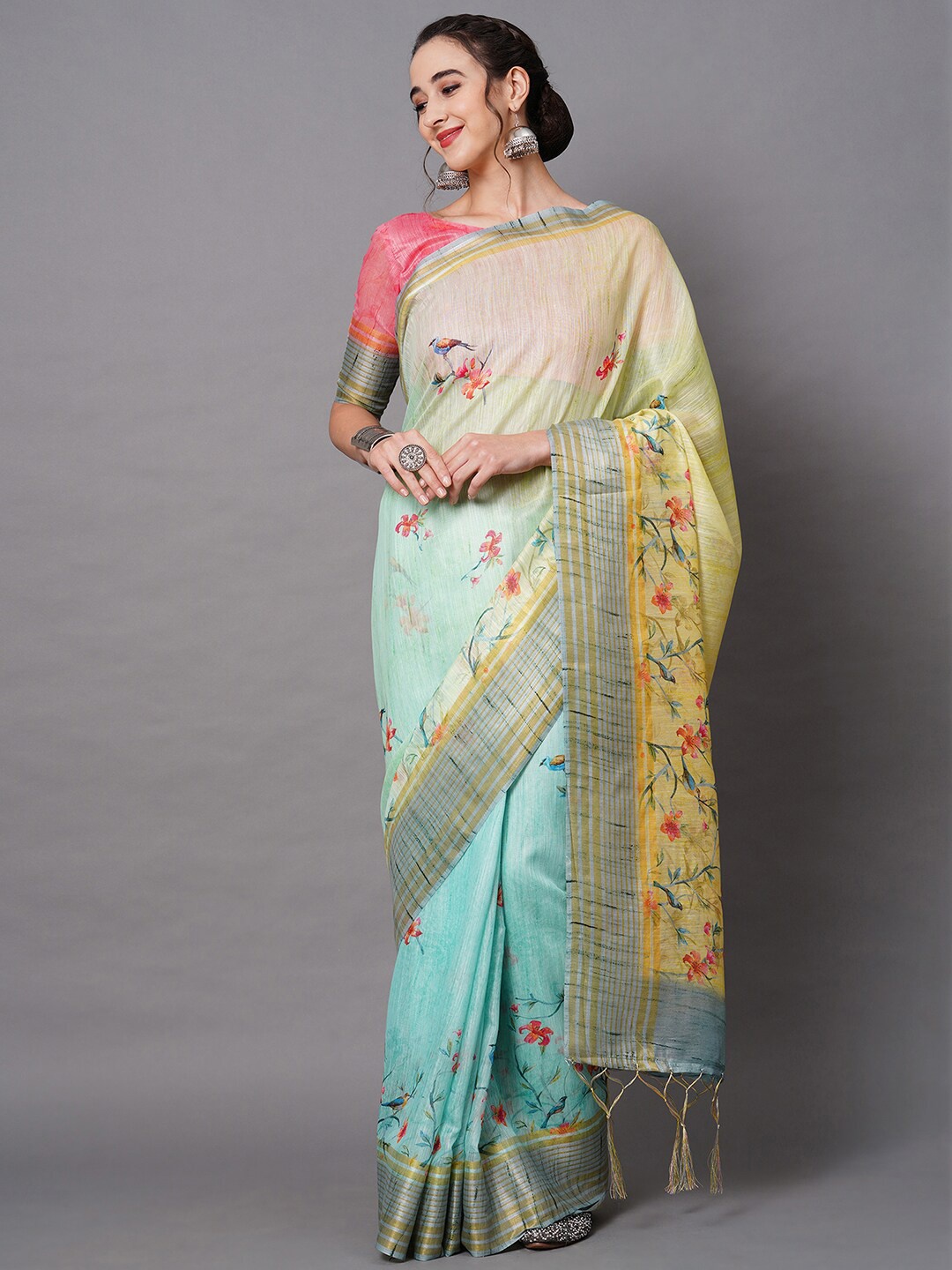 

Mitera Yellow & Blue Silk Blend Floral Printed Saree