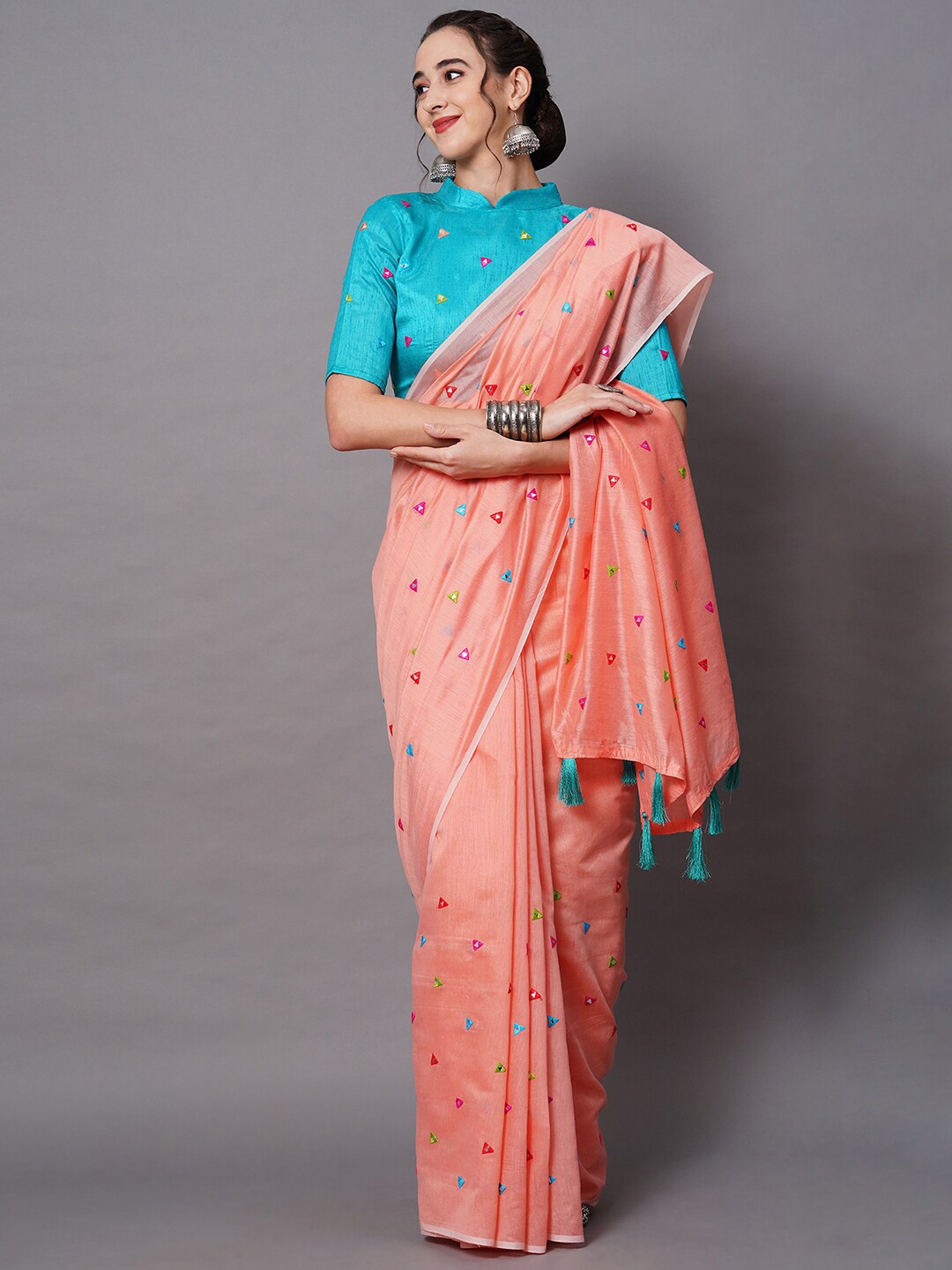 

Mitera Peach-Coloured & Blue Mirror Work Embellished Saree