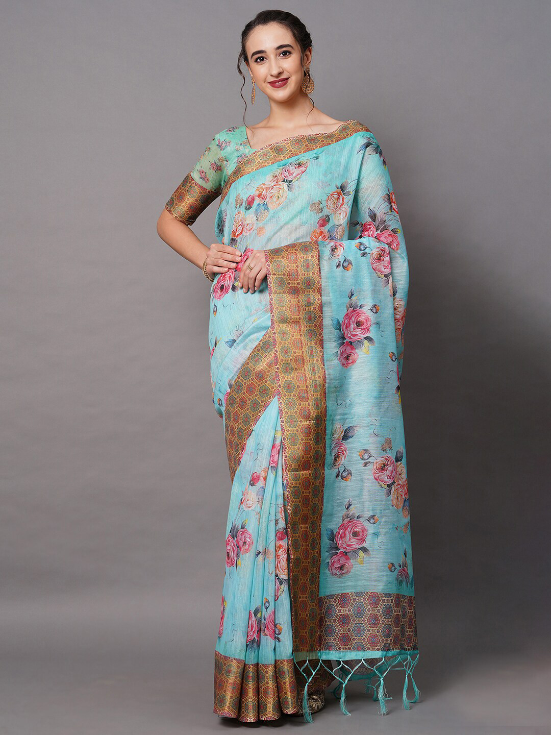 

Mitera Blue Linen Blend Floral Printed Saree