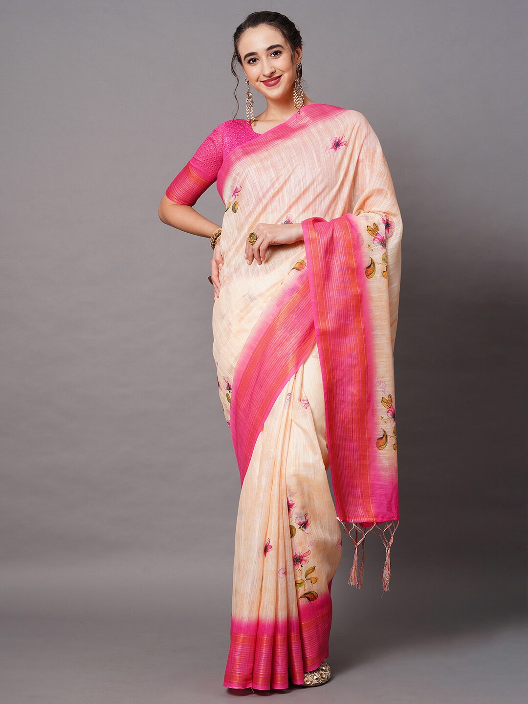 

Mitera Peach-Coloured & Pink Linen Blend Floral Printed Saree