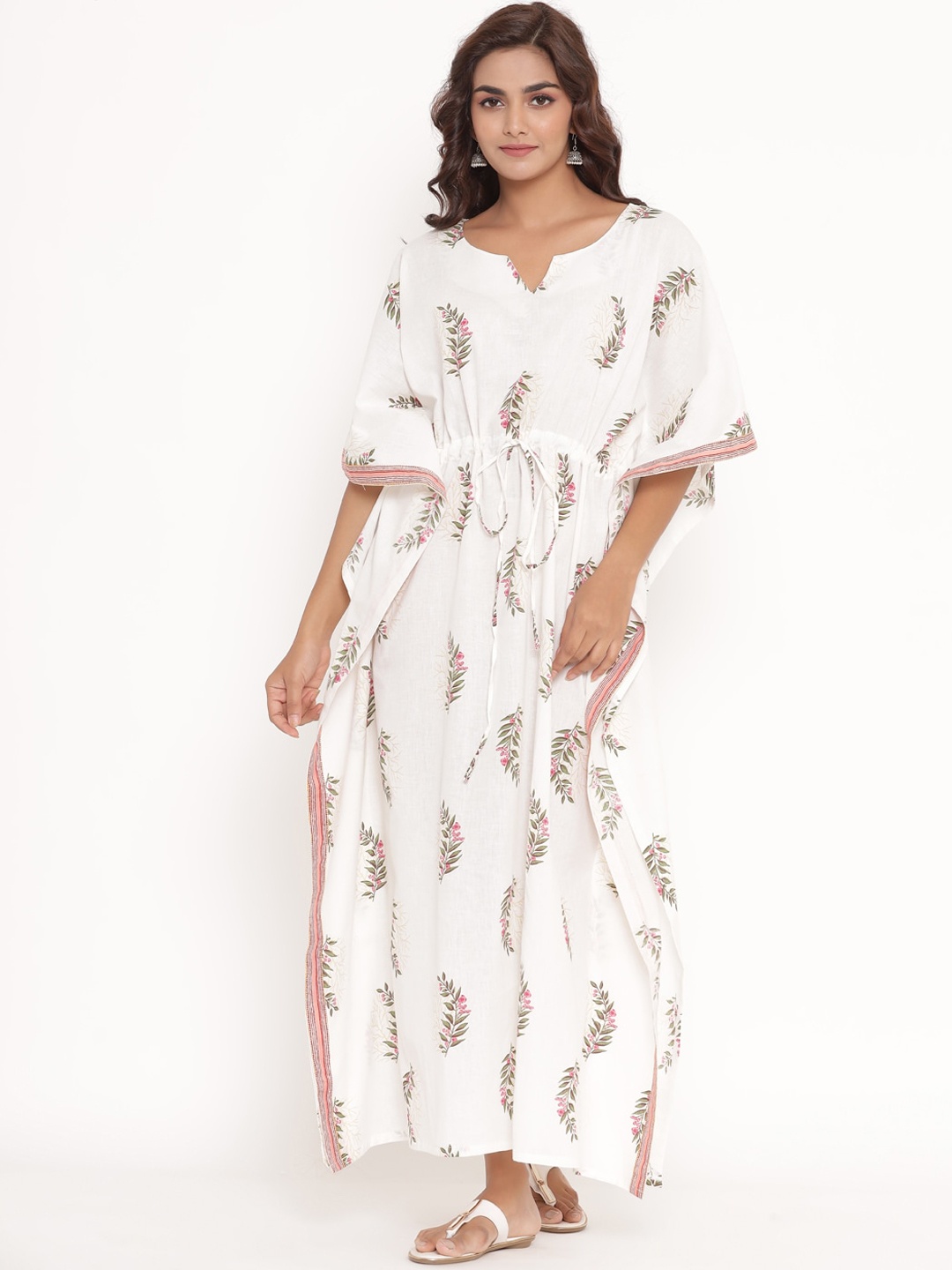 

Fabriko White Floral Cotton Kaftan Maxi Dress