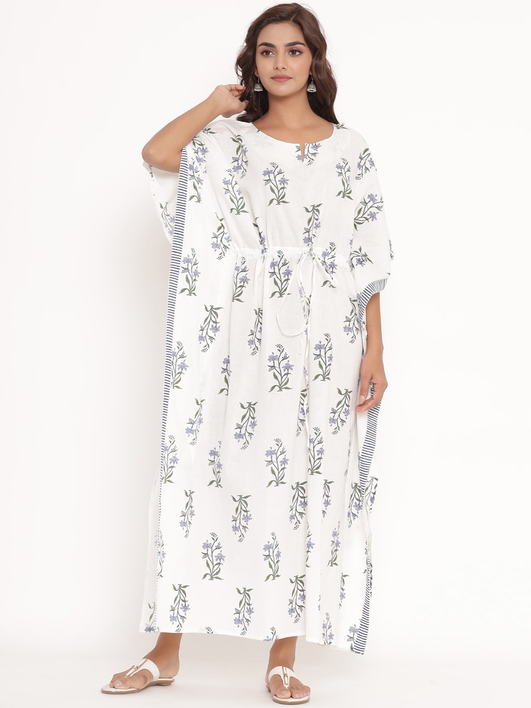

Fabriko White Floral Cotton Kaftan Maxi Dress
