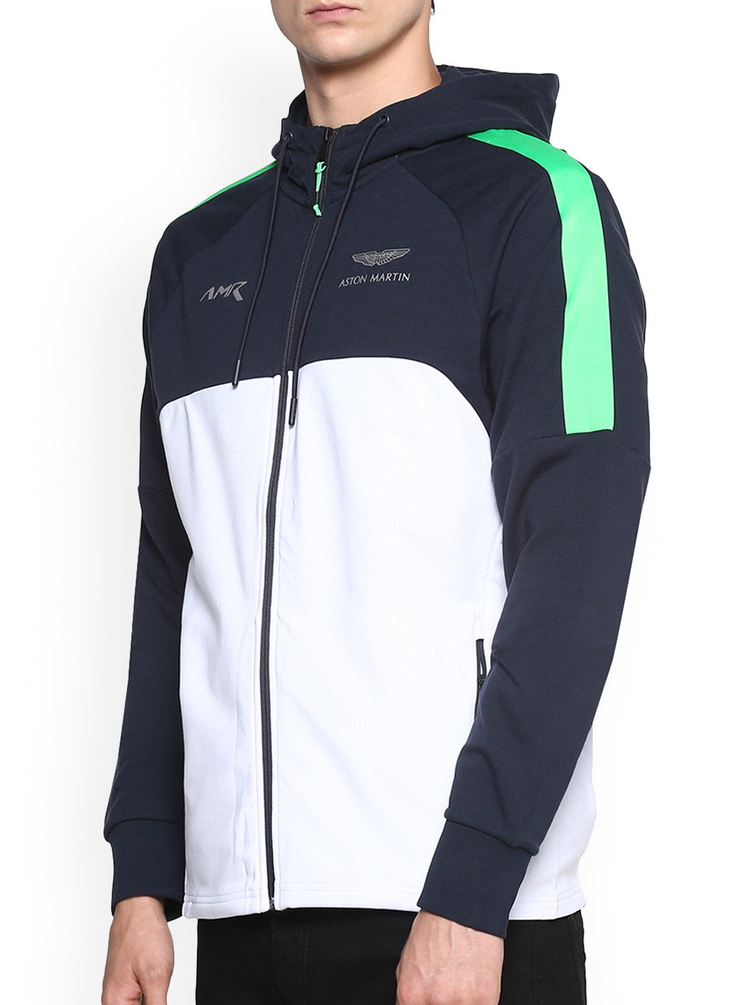 

HACKETT LONDON Men Navy Blue & White Colourblocked Hooded Bomber Jacket