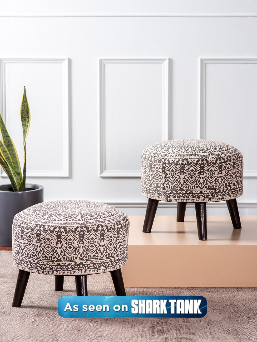 

nestroots Grey Set of 2 Round Shape Wooden Cotton Pouffy Ottomans