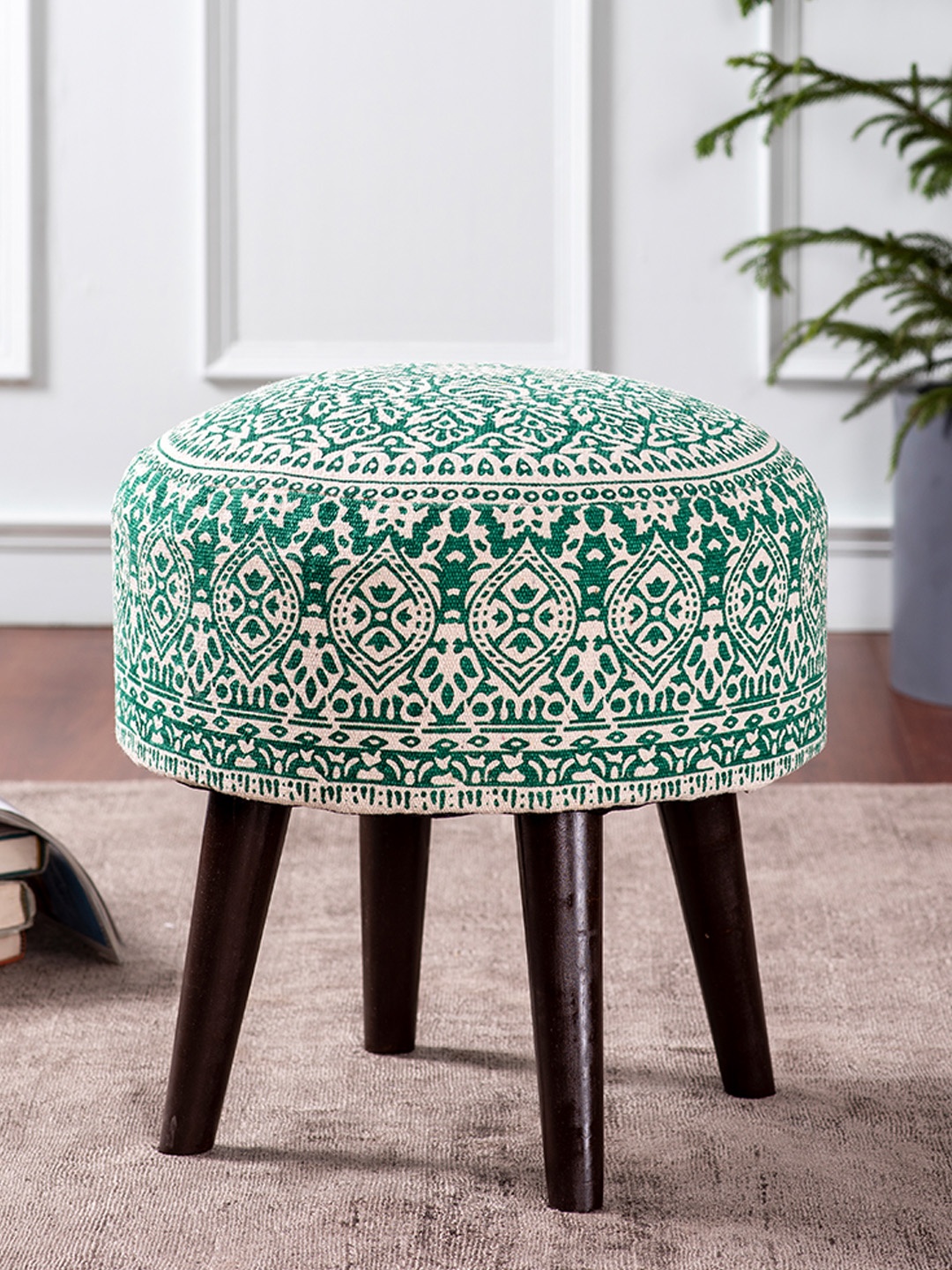 

Nestroots Green Round Shape Wooden Ottoman Stool for Living Room