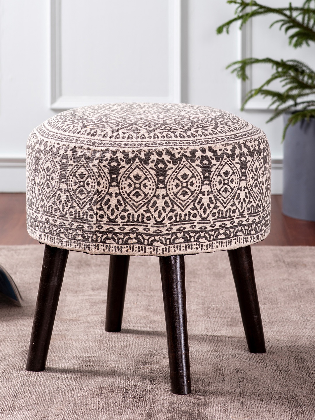 

nestroots Beige & Grey Round Shape Wooden Sitting Ottoman