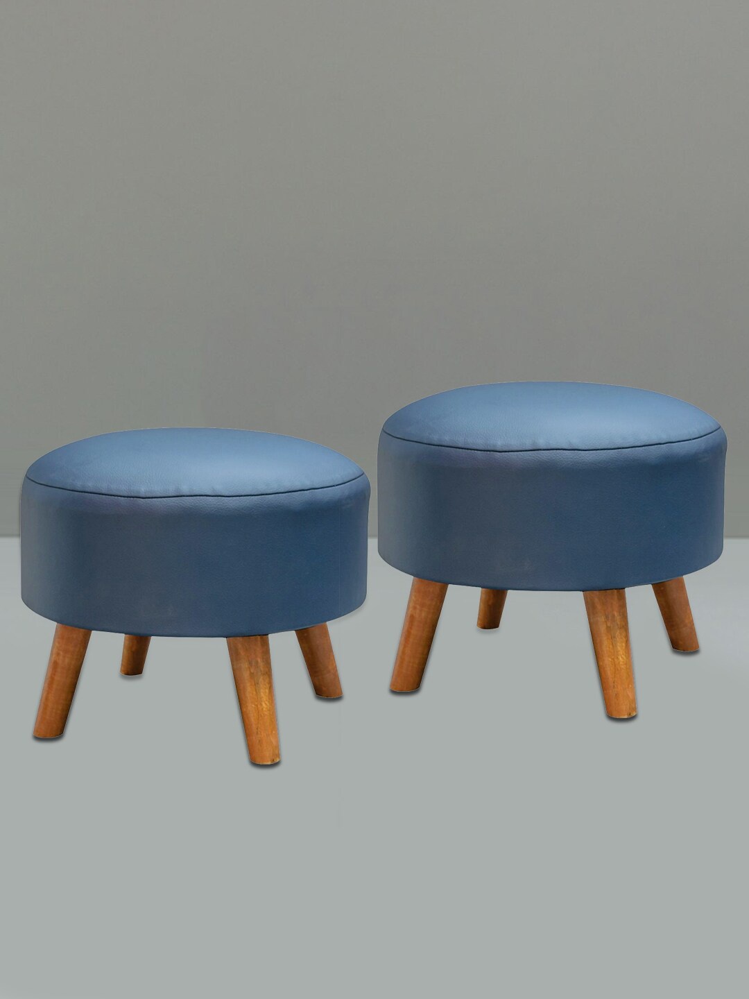 

nestroots Blue Set of 2 Round Shape Wooden Sitting Ottoman