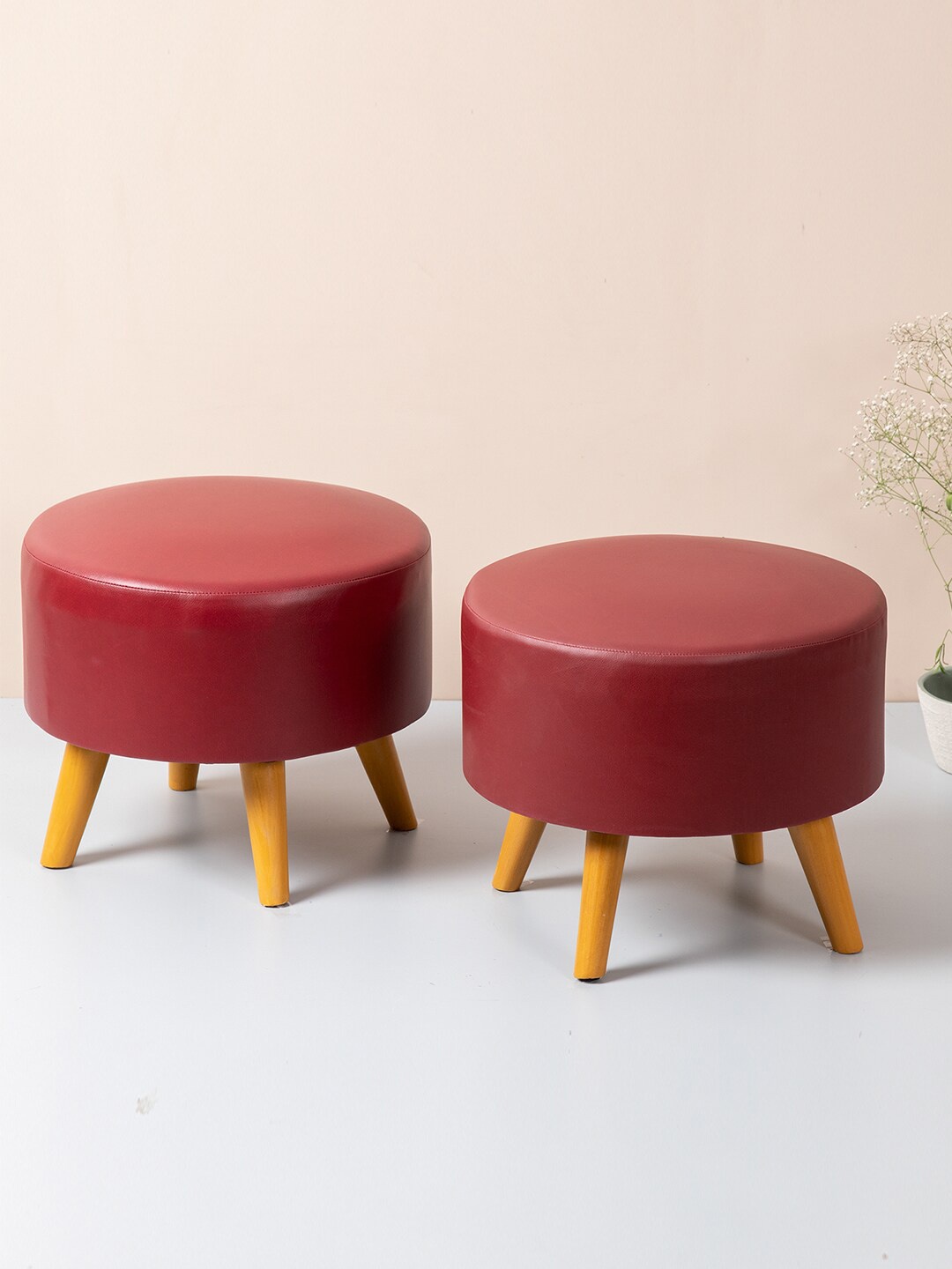

nestroots Red Set of 2 Round Shape Wooden Sitting Ottomans