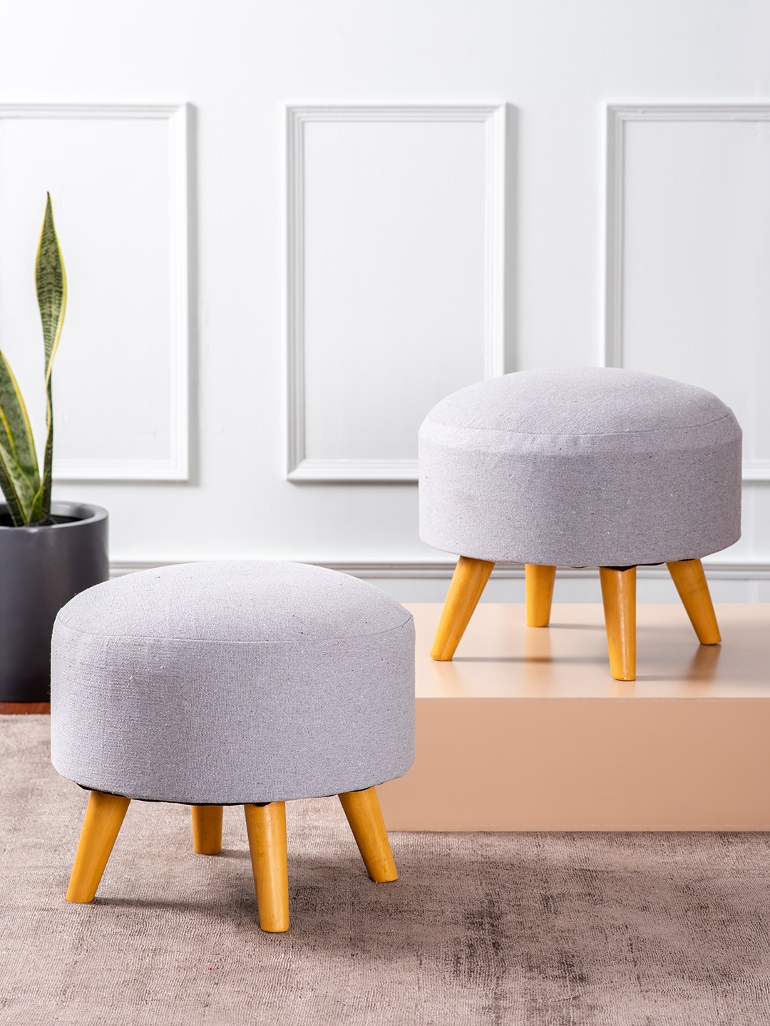 

nestroots Grey Set of 2 Round Foam Cushioned Cotton Pouffy Storage Ottoman