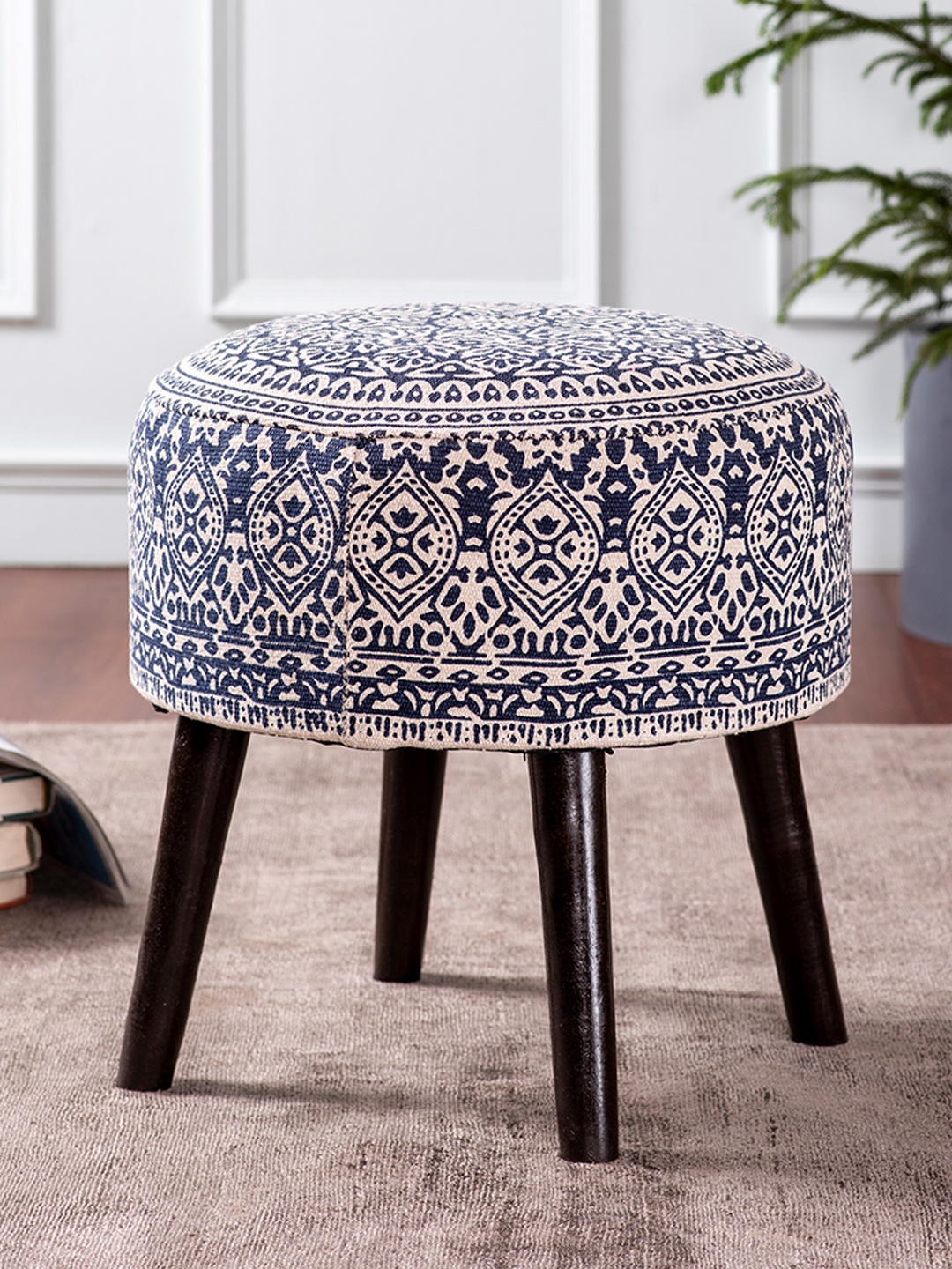 

nestroots Navy Blue Round Shape Wooden Cotton Poufy Ottoman