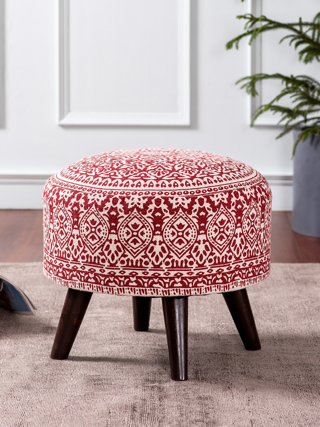 

nestroots Red Round Shape Wooden Sitting Ottoman