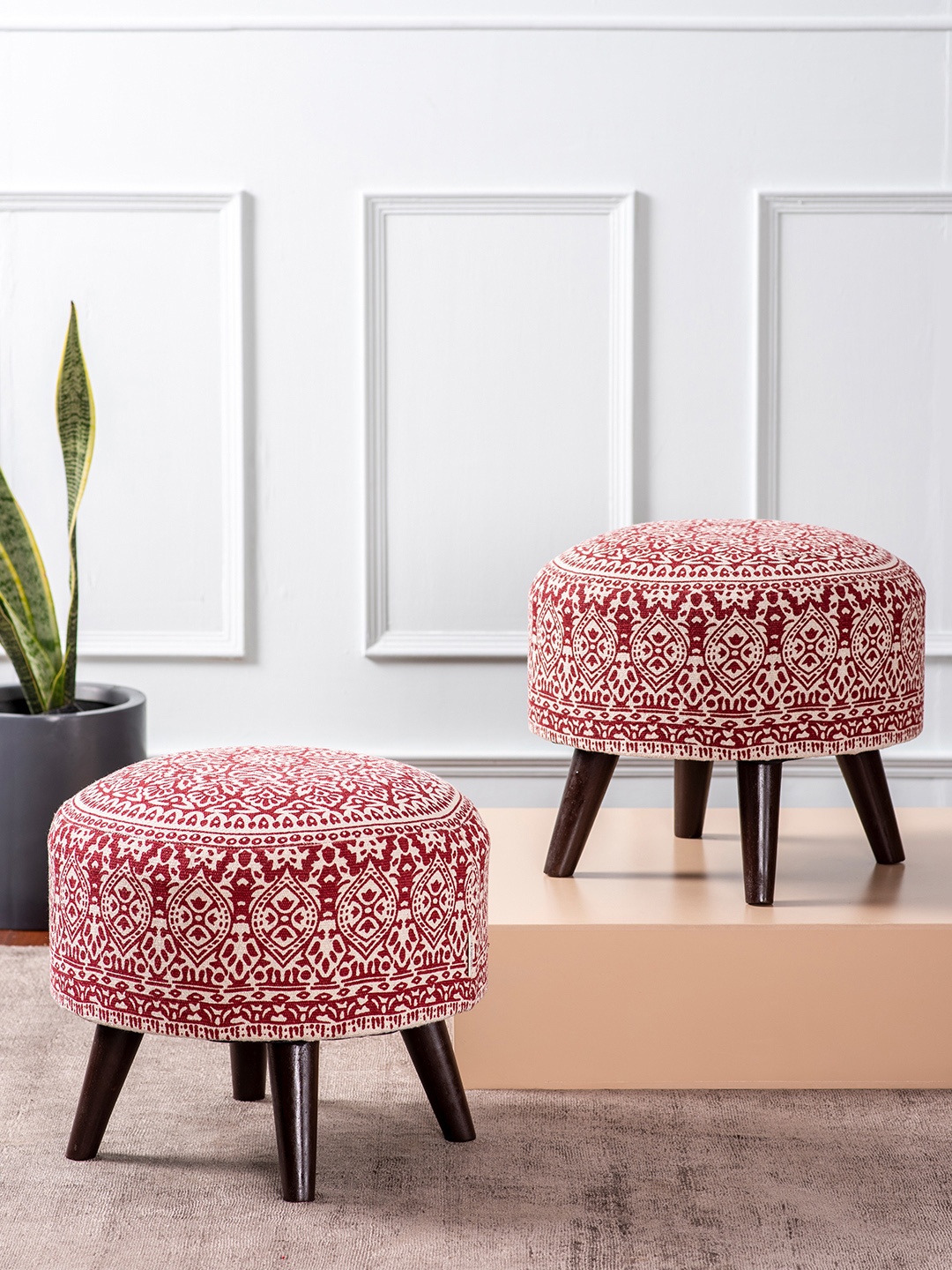 

nestroots Set of 2 Red Printed Wooden Ottoman Stool for Living Room