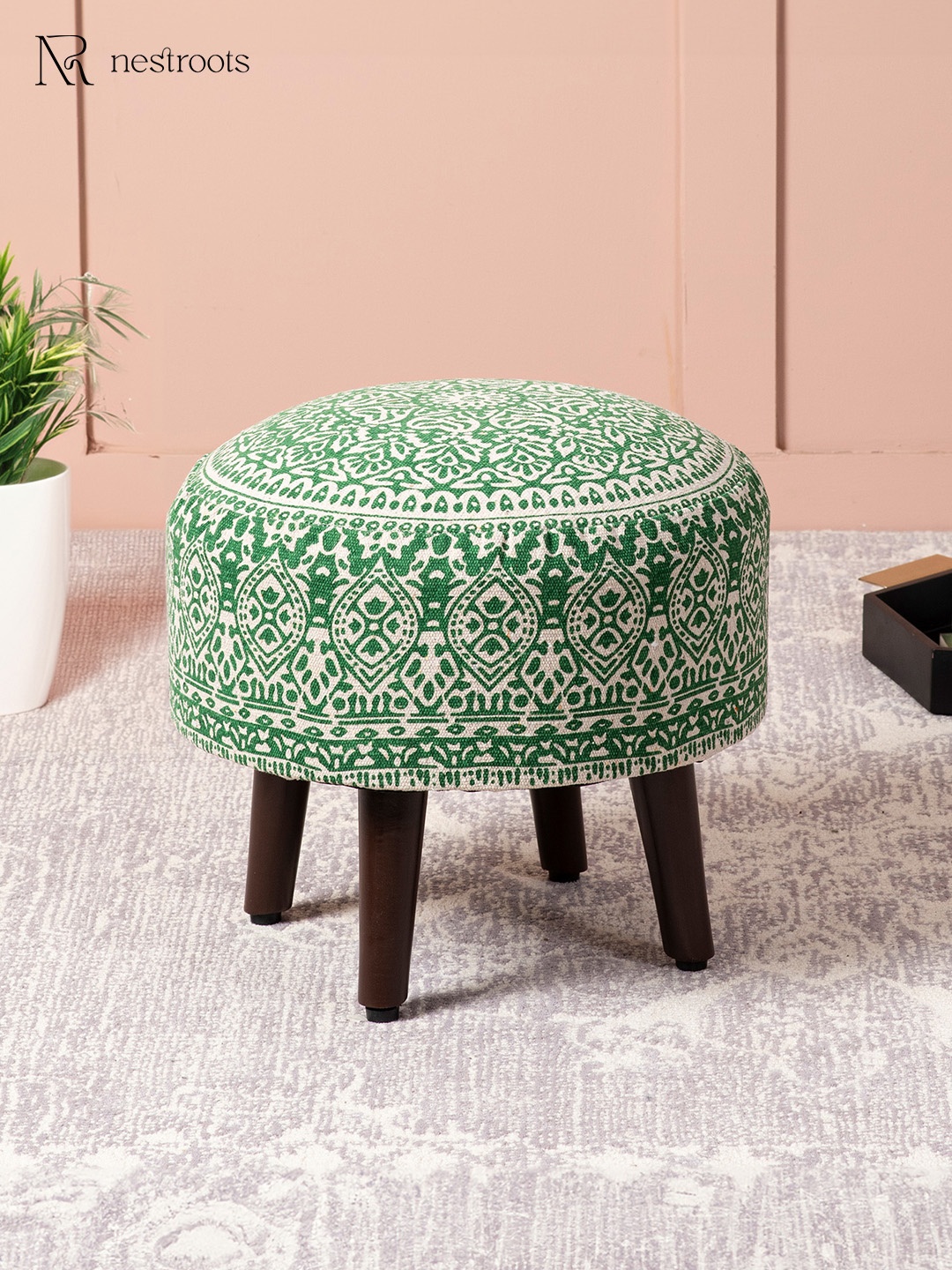 

Nestroots Green Printed Round Wooden Ottoman Stool for Living Room