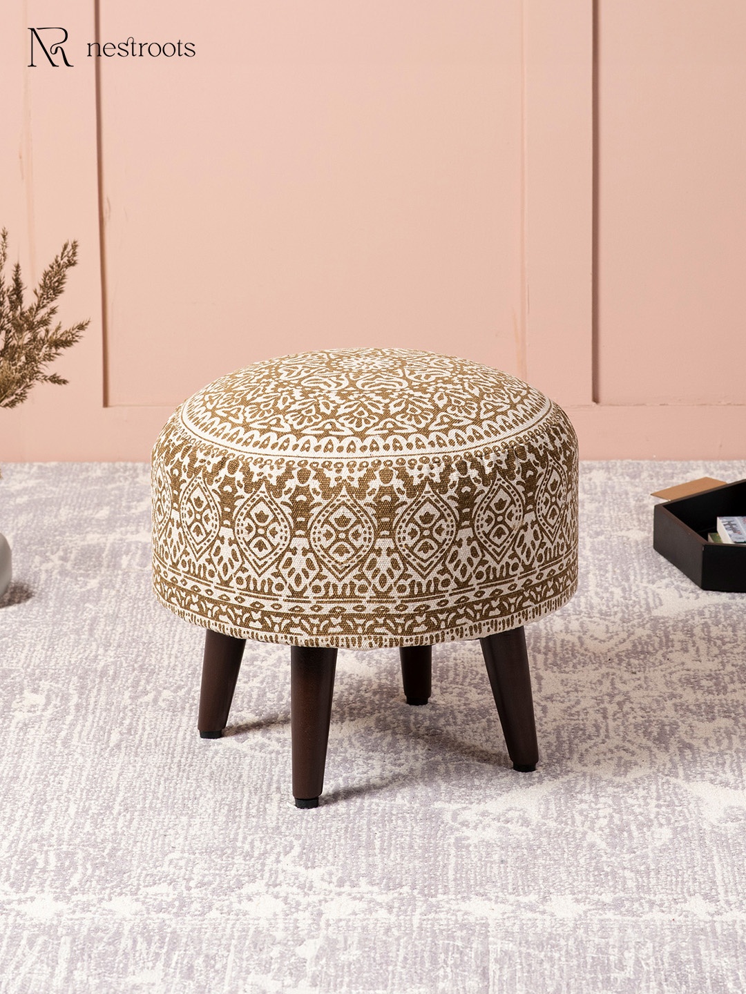 

nestroots Beige & Brown Round Shape Wooden Ottoman Stool for Living Room