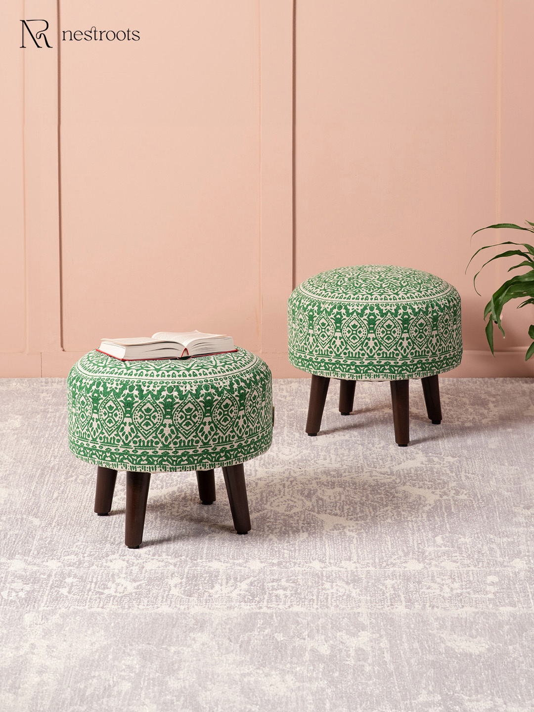 

nestroots Set of 2 Beige & Green Round Shape Wooden Sitting Ottomans