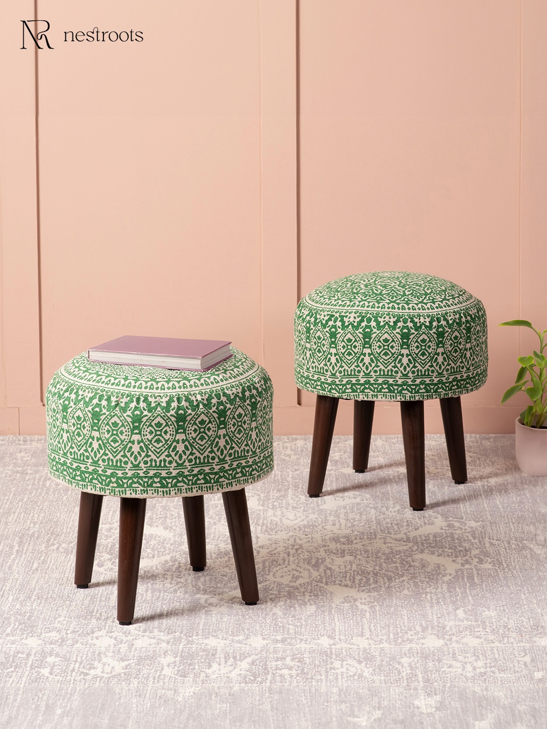 

nestroots Green Set of 2 Round Shape Wooden Storage Ottoman