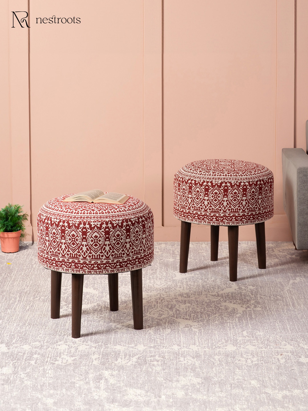 

nestroots Red Set of 2 Round Shape Wooden Sitting Storage Ottoman