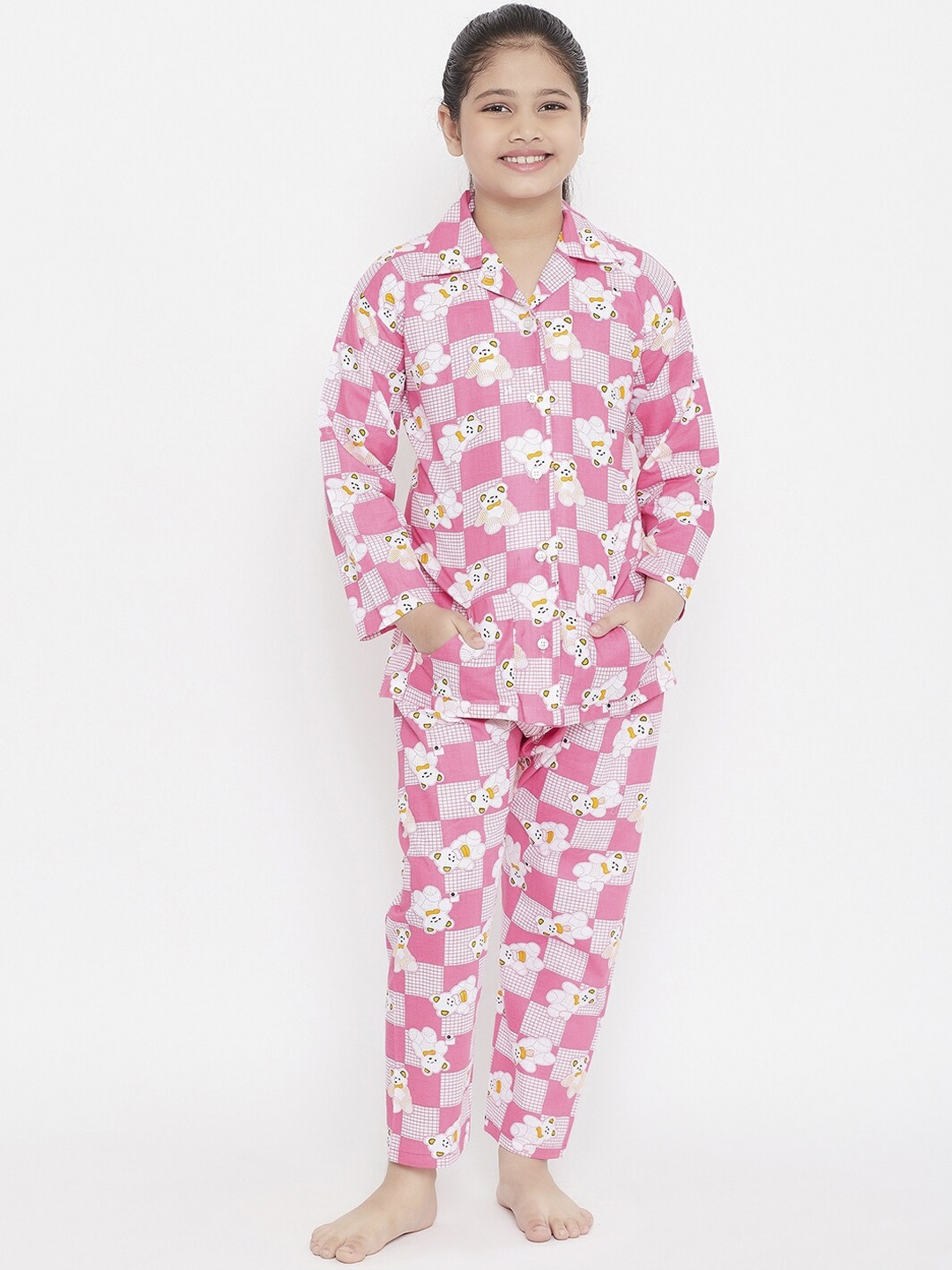 

KYDZI Girls Pink & White Geometric Printed Night Suit