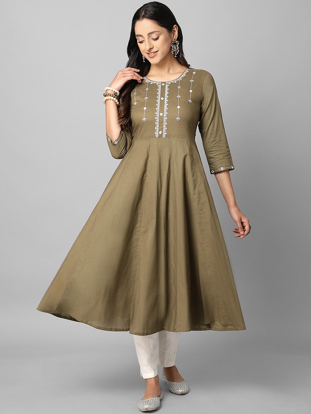 

Azira Women Olive Green & White Embroidered Anarkali kurta