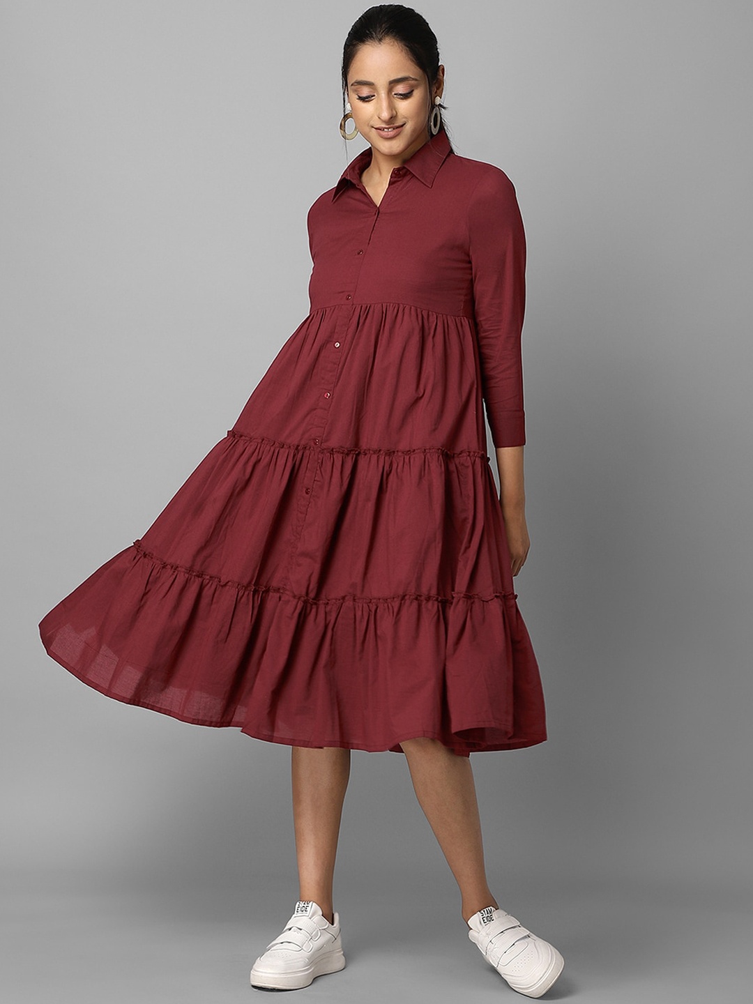

Azira Burgundy A-Line Cotton Midi Dress