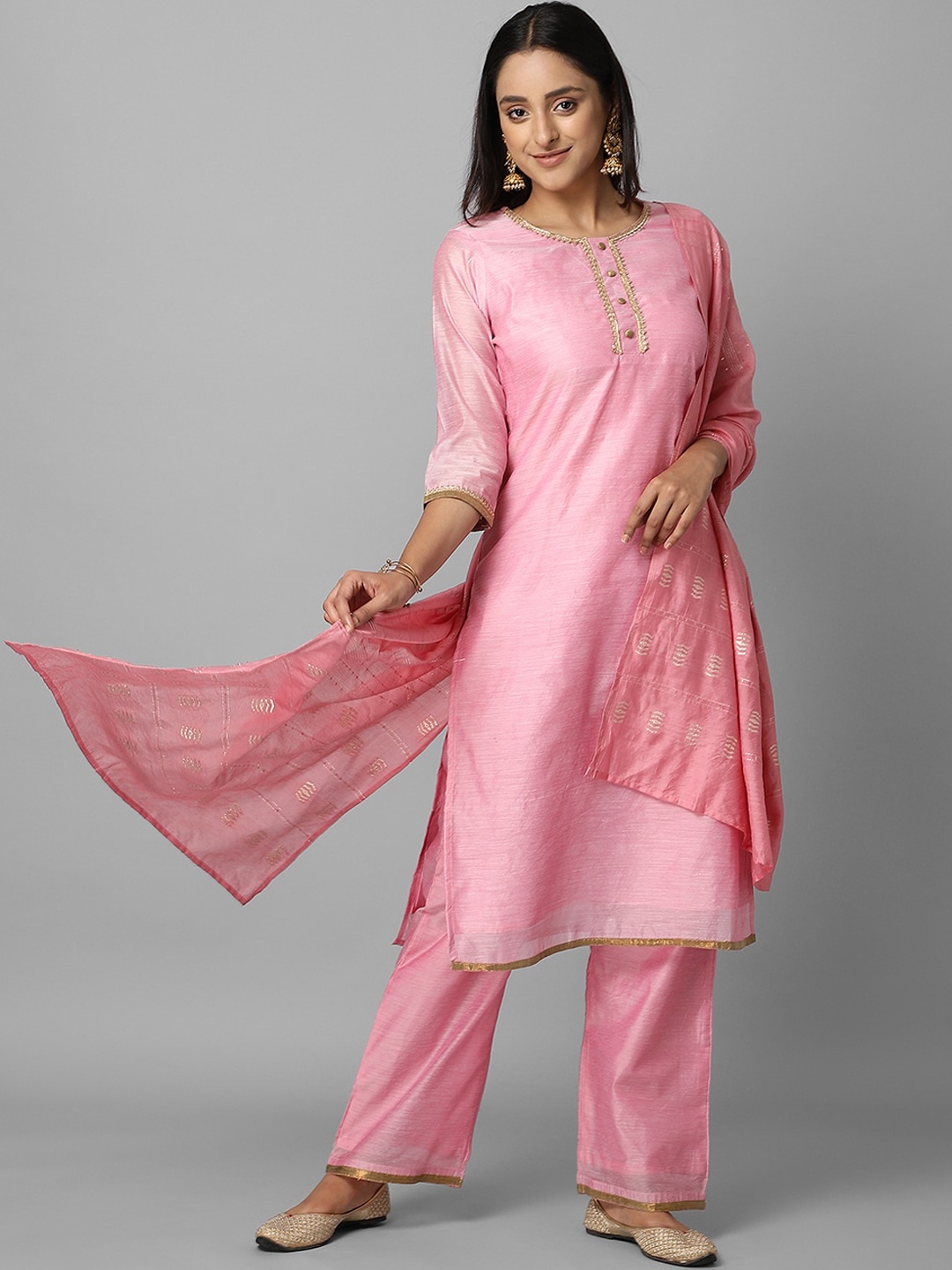 

Azira Women Pink Regular Gotta Patti Chanderi Silk Kurta with Palazzos & With Dupatta