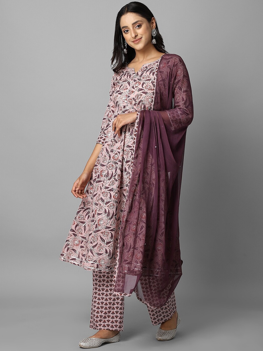 

Azira Women Mauve Ethnic Motifs Printed Regular Pure Cotton Kurta with Palazzos & With Dupatta