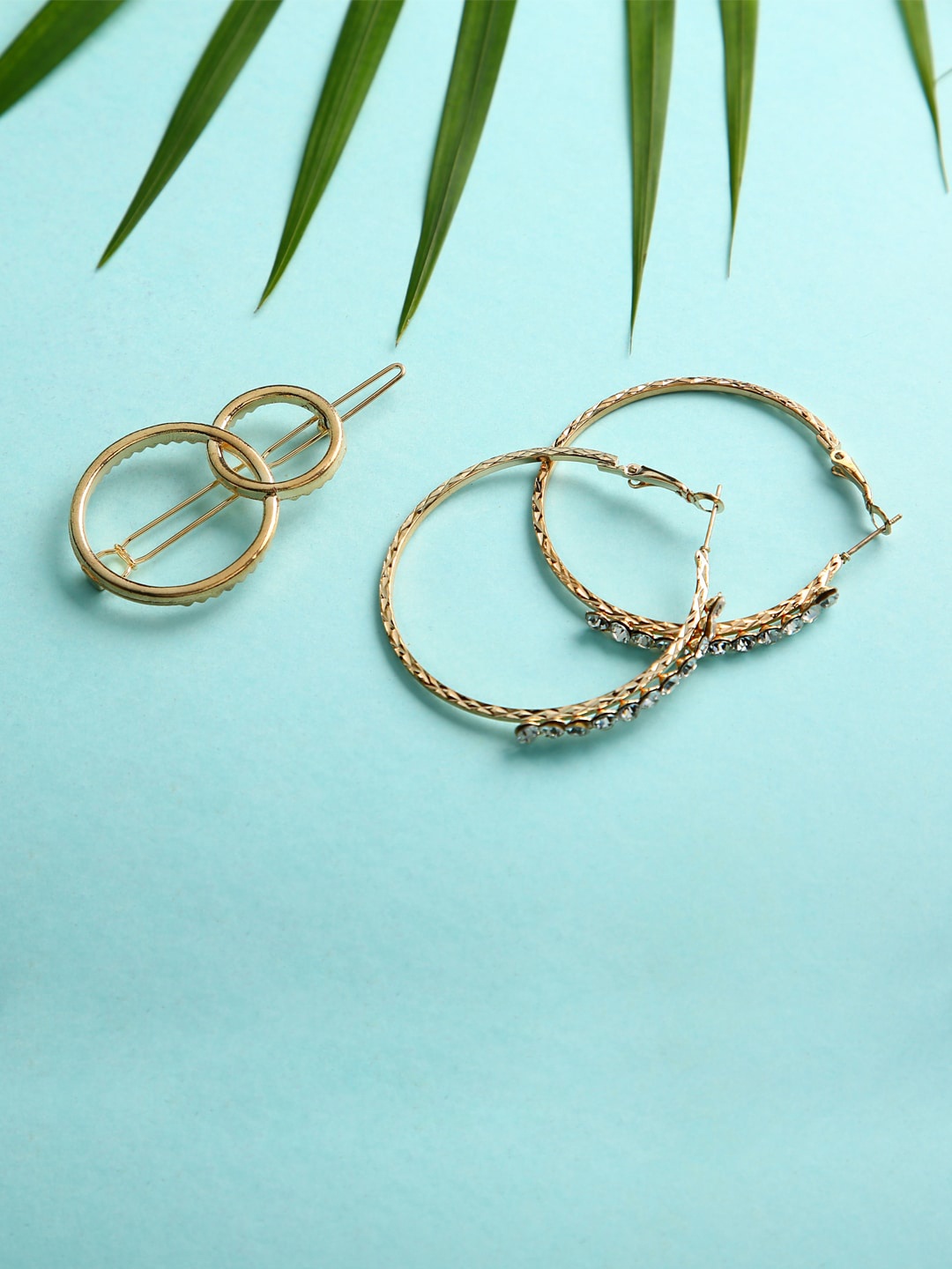 

justpeachy Gold-Plated Circular Stone-Studded Hoop Earrings with Clip