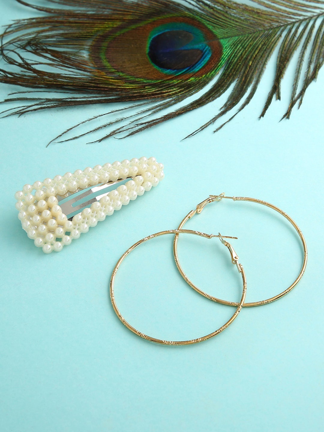 

justpeachy Set Of 2 Gold-Toned Circular Hoop Earrings With Beaded Tic Tac Clip