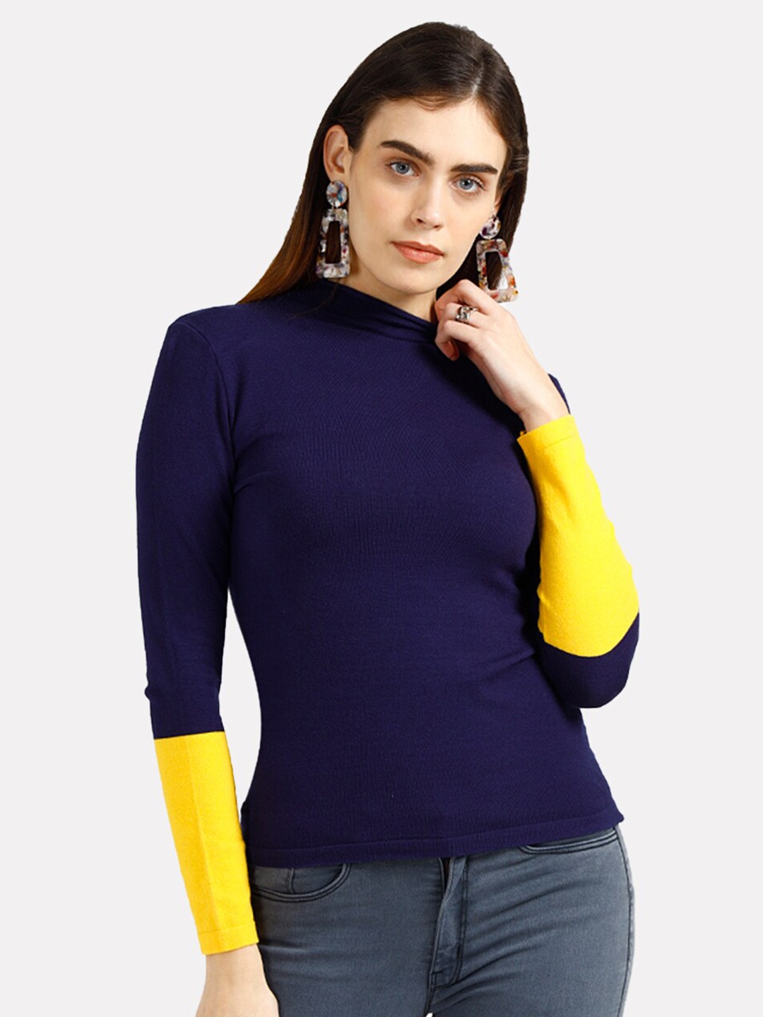 

iki chic Women Navy Blue & Yellow Colourblocked Pullover
