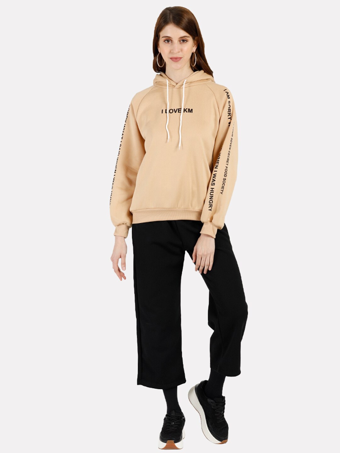 

iki chic Women Black & Beige Printed Hooded Sweatshirt With Trousers