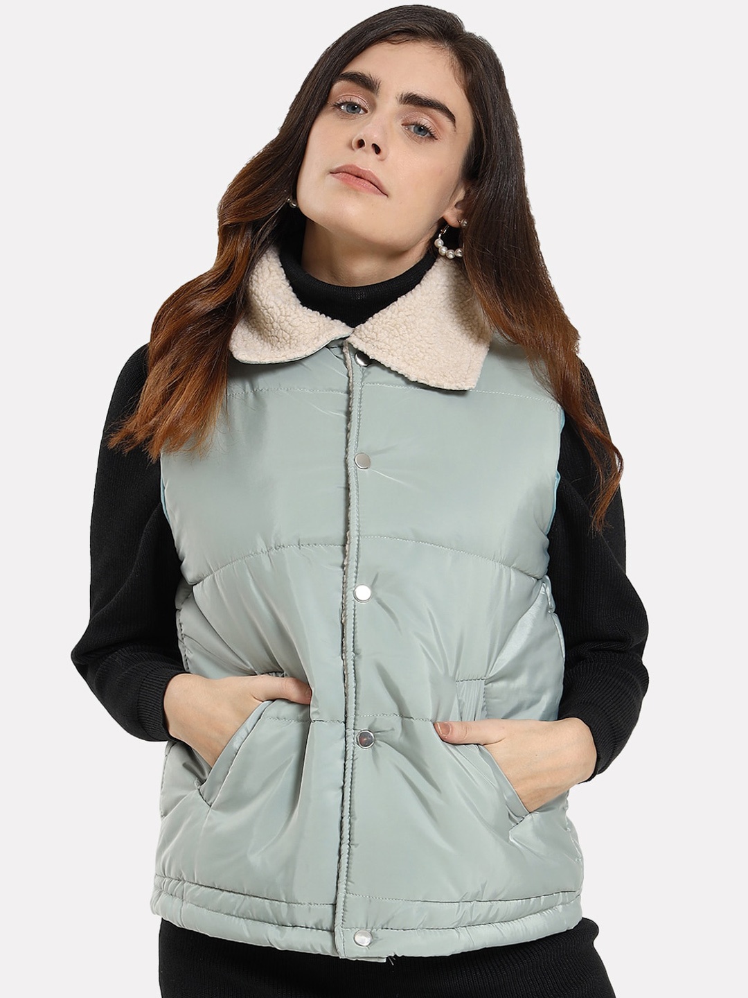 

iki chic Women Green Sherpa Fleece Sleeveless Puffer Jacket