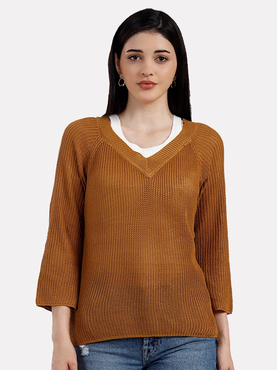 

iki chic Women Orange Ribbed Pullover