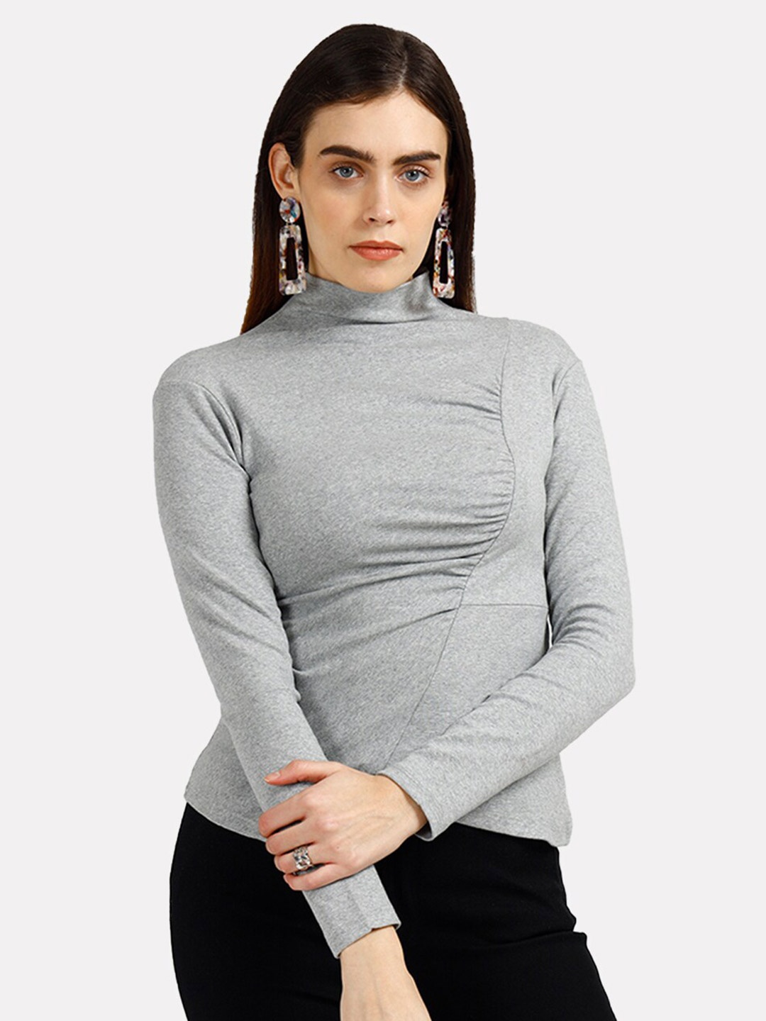 

iki chic Grey Asymmetrical Ruched Long Sleeve Top