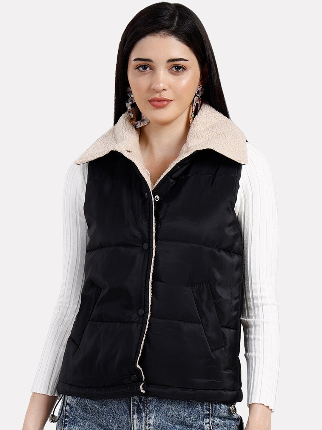 

iki chic Women Black Sherpa Fleece Sleeveless Jacket
