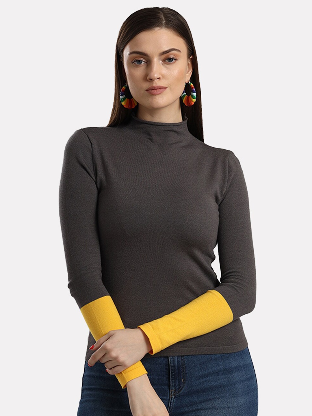 

iki chic Women Grey & Yellow Pullover