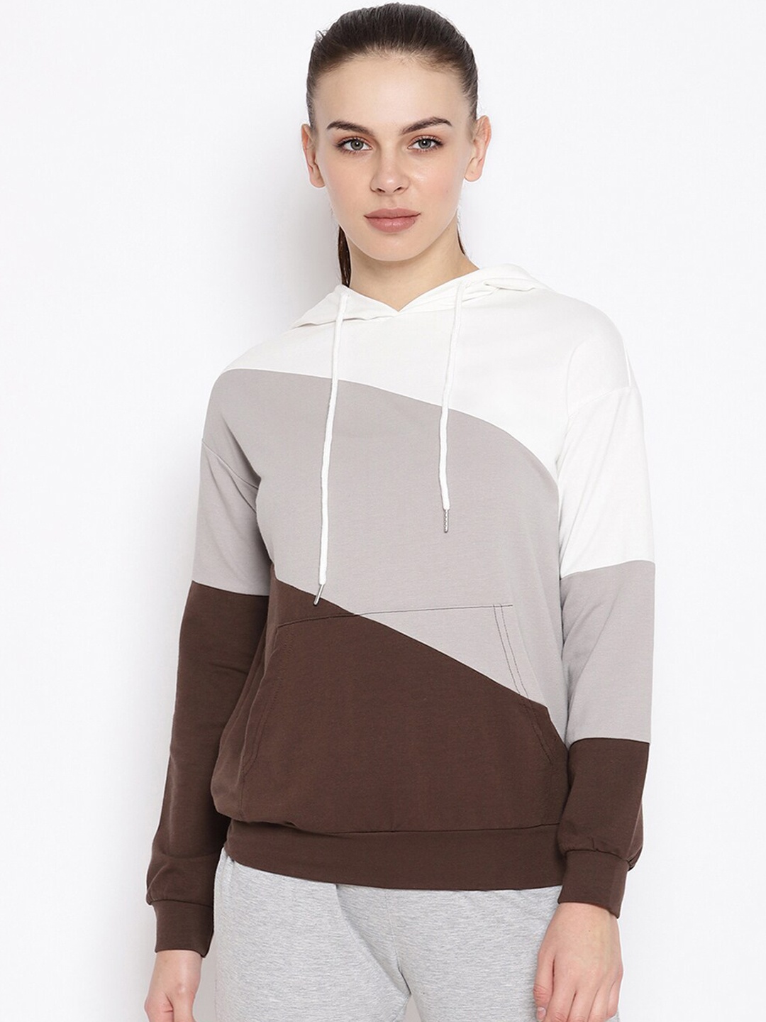 

iki chic Women Grey & Brown Colourblocked Hooded Sweatshirt