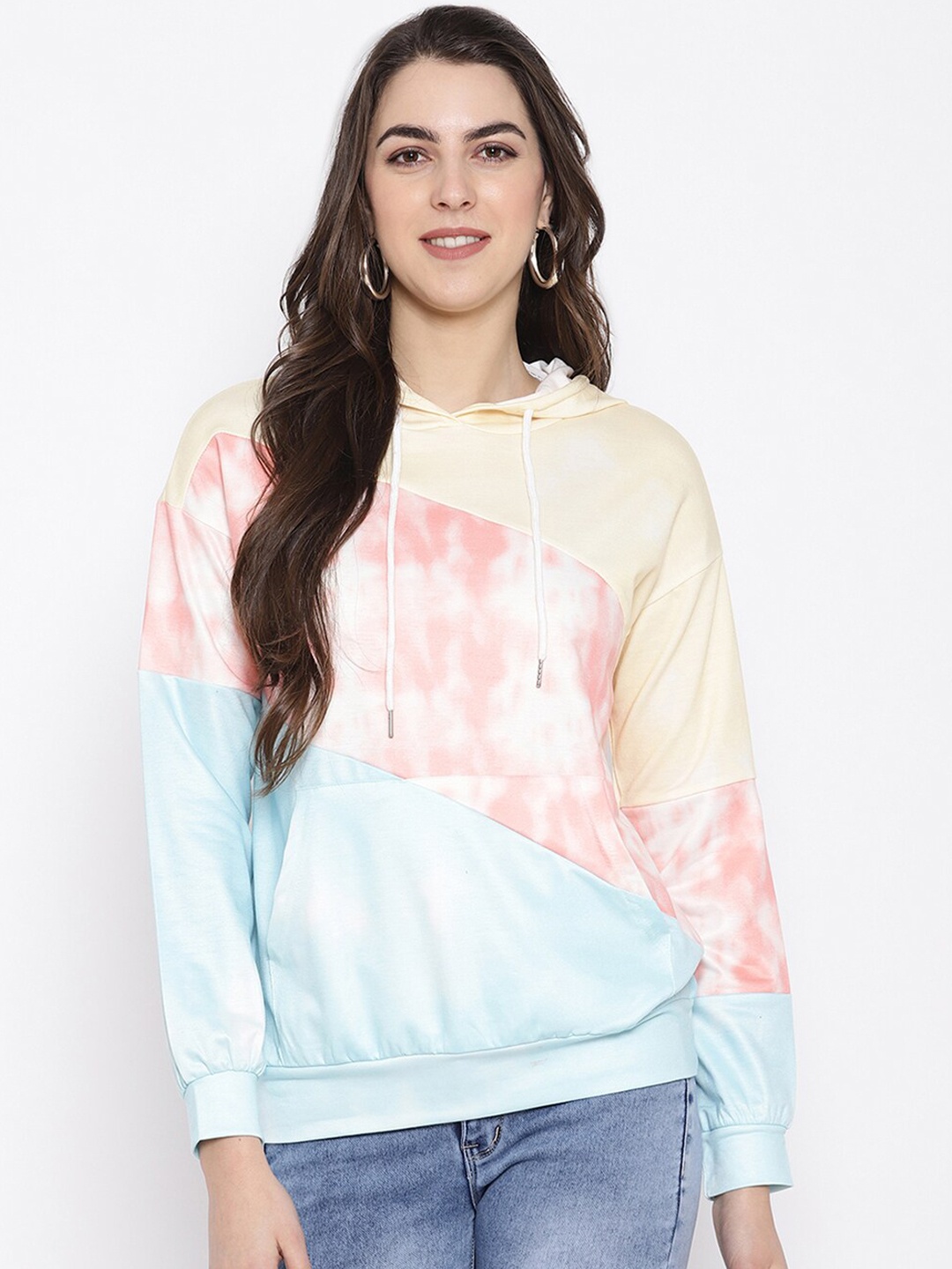 

iki chic Women Blue & Yellow Colourblocked Hooded Sweatshirt