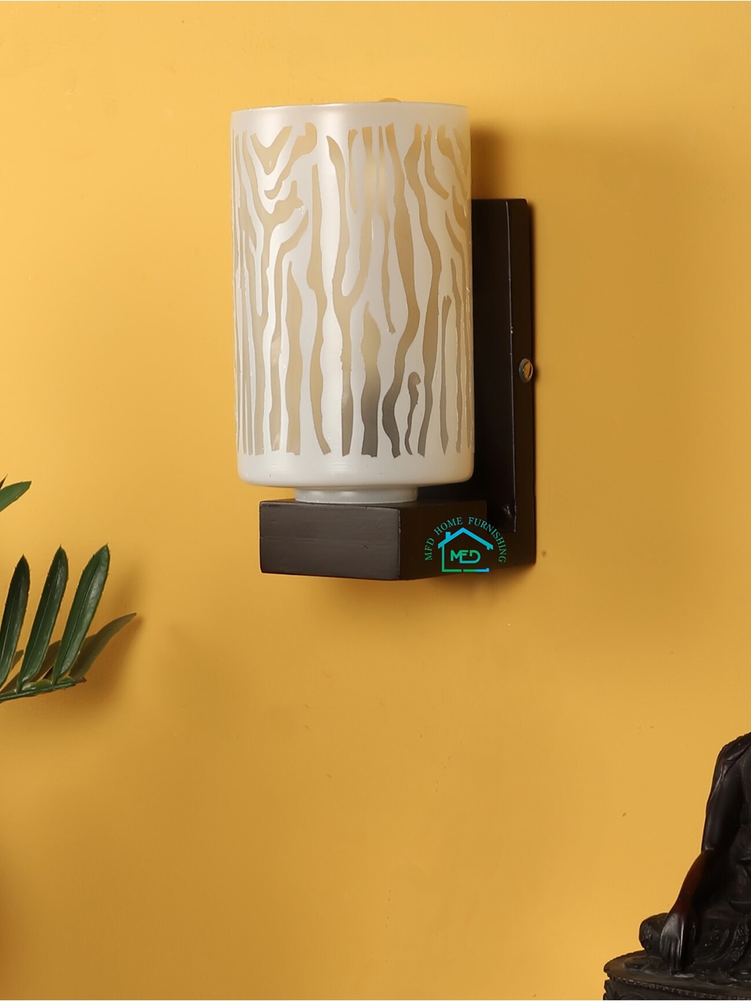 

MFD HOME FURNISHING Brown & White Printed Cylinder Shaped Wooden Wall Lamp