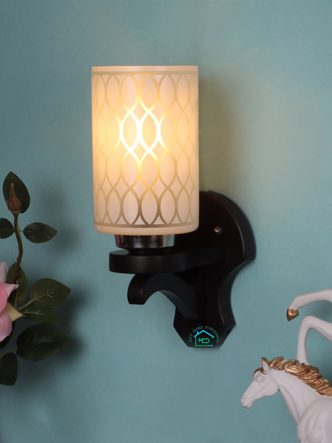 

MFD HOME FURNISHING White & Brown Printed Wooden Cylinder Shaped Wall Lamp