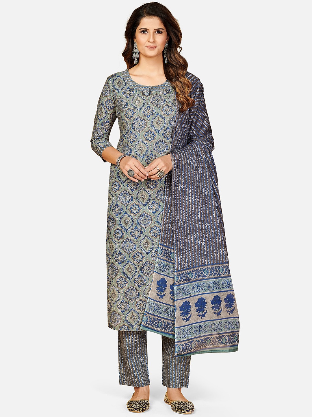 

Vbuyz Women Blue & Green Floral Printed Pure Cotton Kurta With Trousers & Dupatta