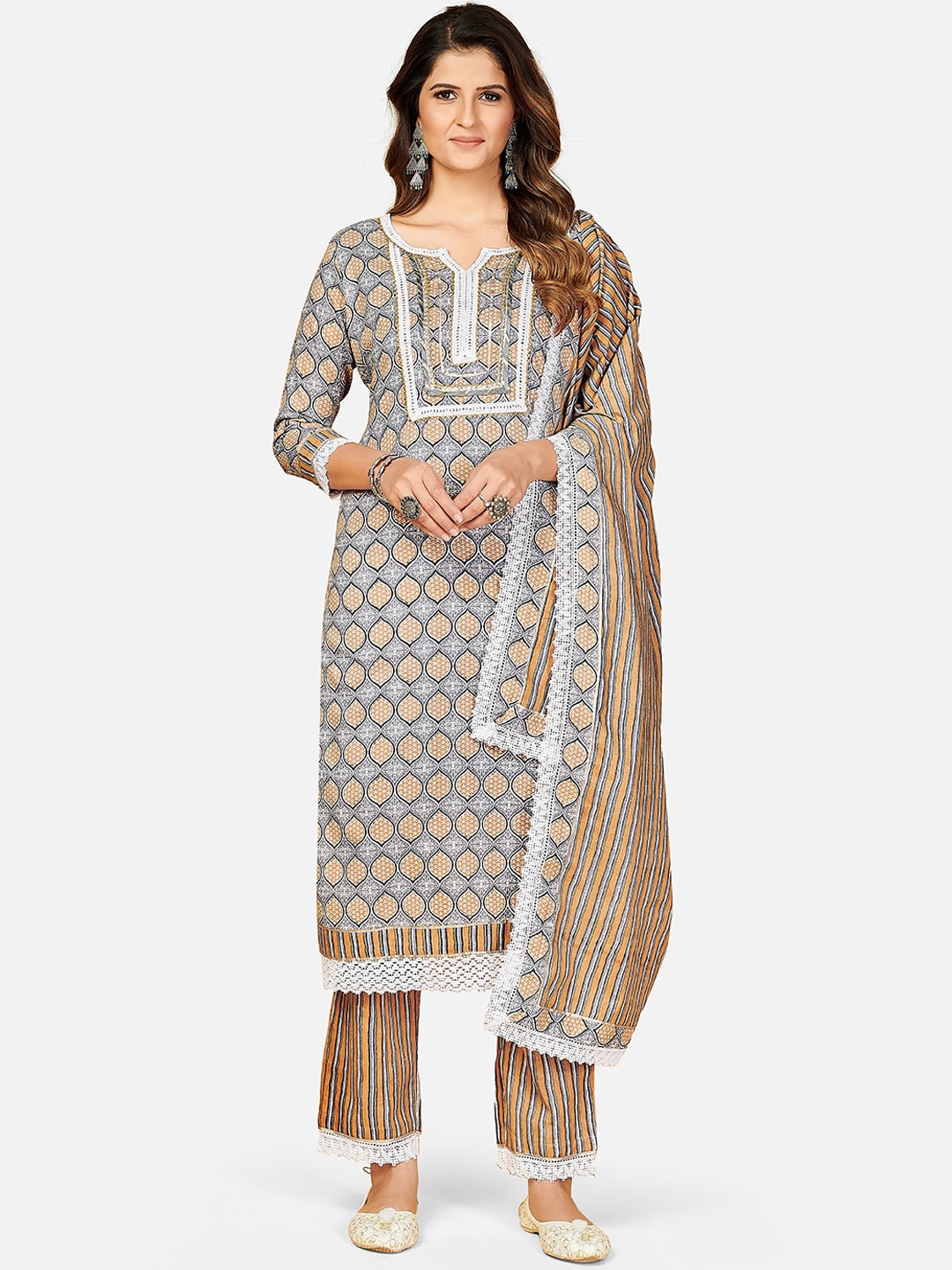 

Vbuyz Women Grey & Orange Ethnic Motifs Printed Pure Cotton Kurta with Trousers & Dupatta