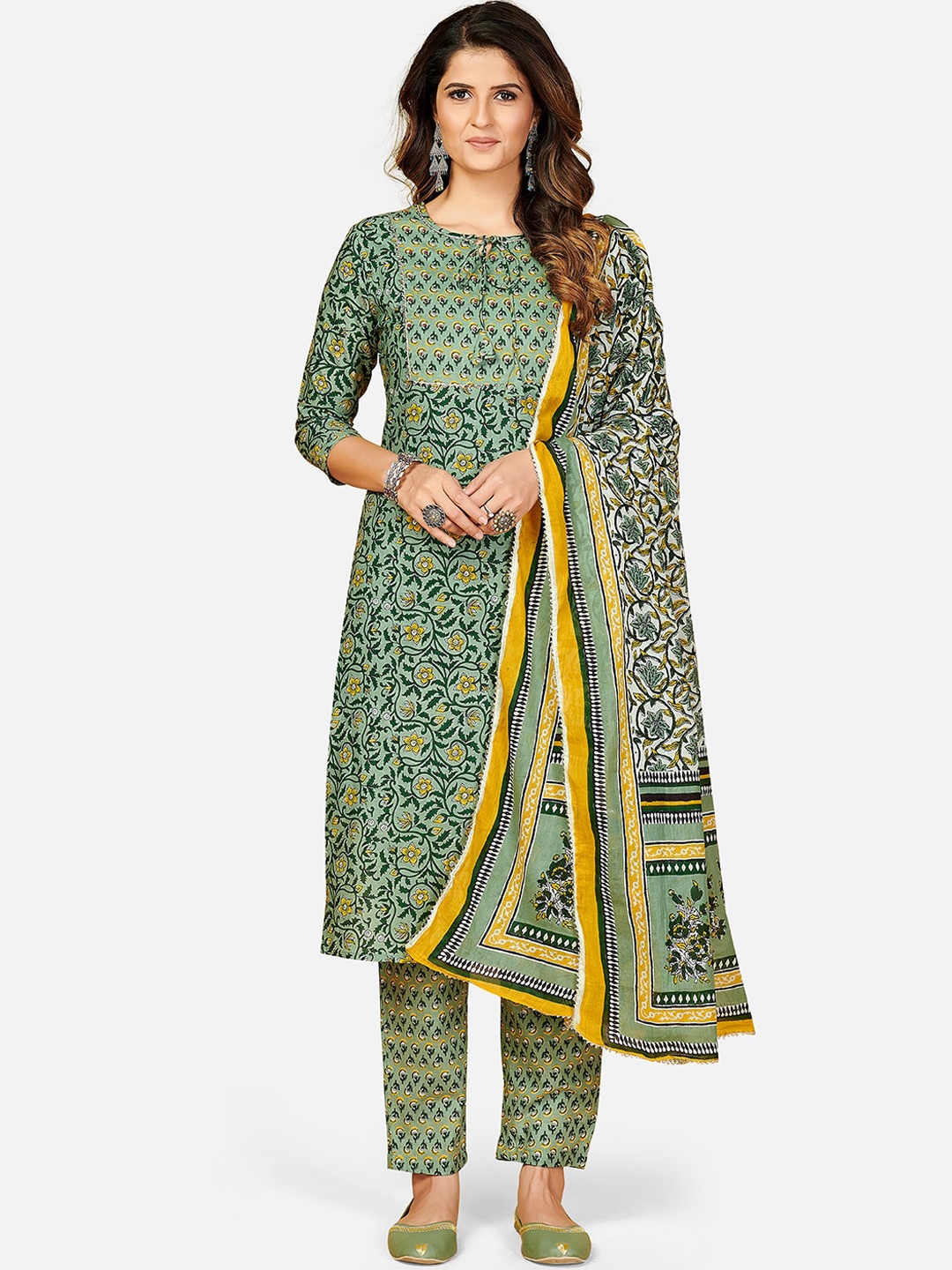 

Vbuyz Women Green & Yellow Floral Printed Pure Cotton Kurta with Trousers & Dupatta