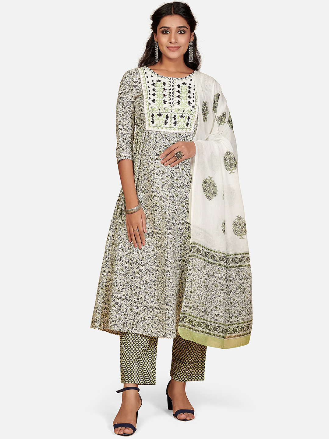 

Vbuyz Women White & Green Floral Empire Mirror Work Pure Cotton Kurta & Trousers & Dupatta