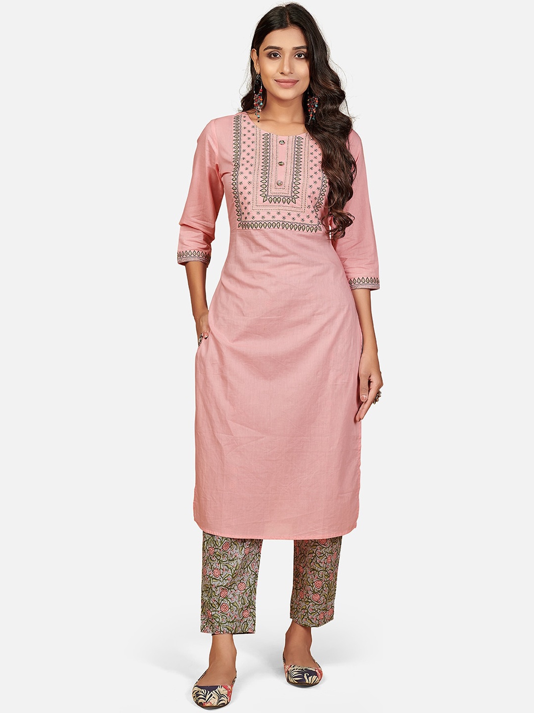

Vbuyz Women Pink & Green Floral Yoke Design Regular Pure Cotton Kurta With Trousers
