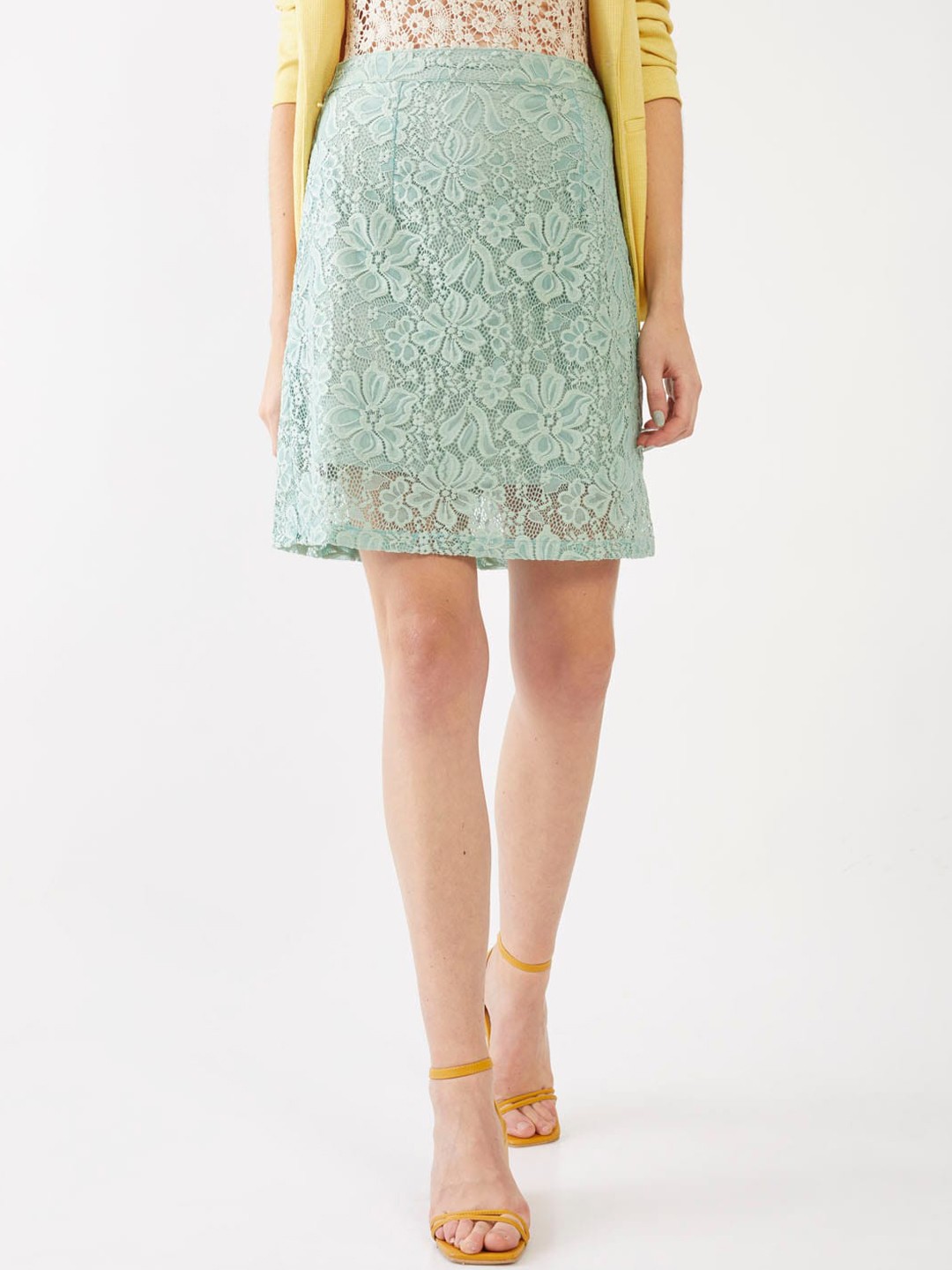 

Zink London Women Green Self-Design Lace Pencil Skirt