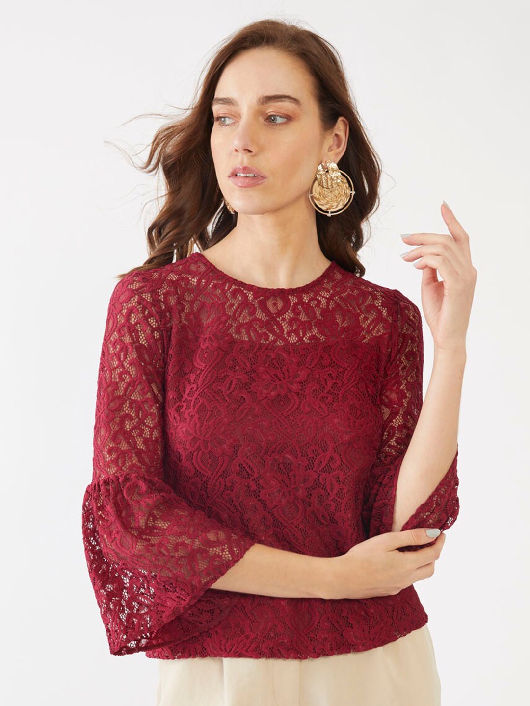 

Zink London Maroon Regular Lace Crop Top