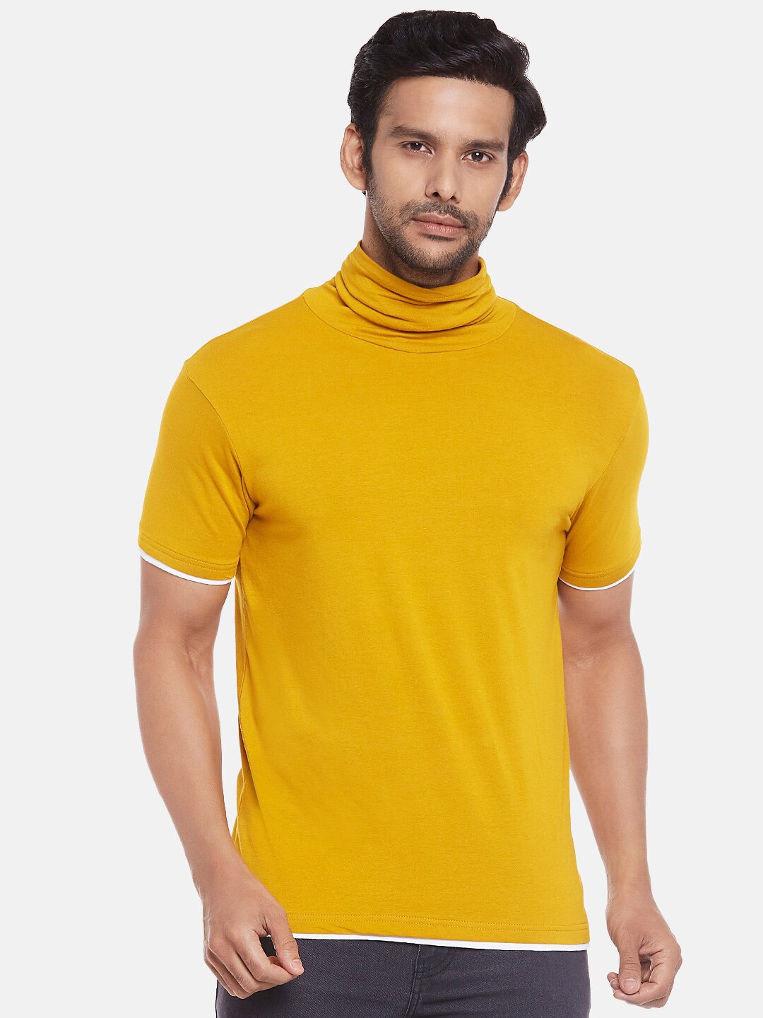 

People Men Mustard Yellow High Neck T-shirt